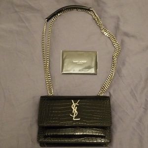 Saint Laurent Small Croc Embossed Wallet on Chain